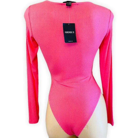 Hot Pink Bodysuit Long Sleeve V Neck Stretch Open Peekaboo Size M - Forever 21 - Picture 2 of 8